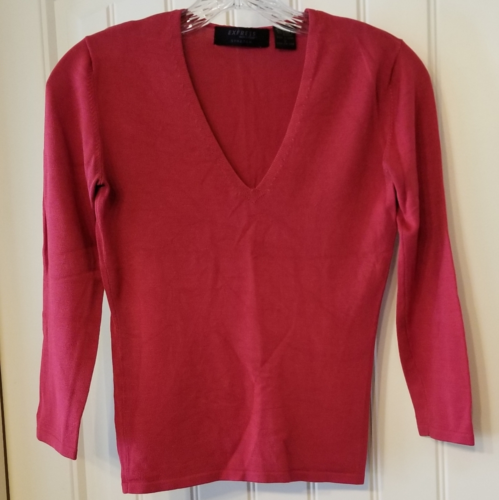 Express, Silk, Red, Ribbed, V-Neck, Top with ¾ Sleeves